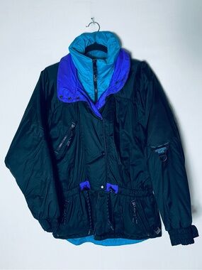 Vintage 80s 90s Mountain Goat Black Teal Purple Ski Jacket M Retro Winter Coat